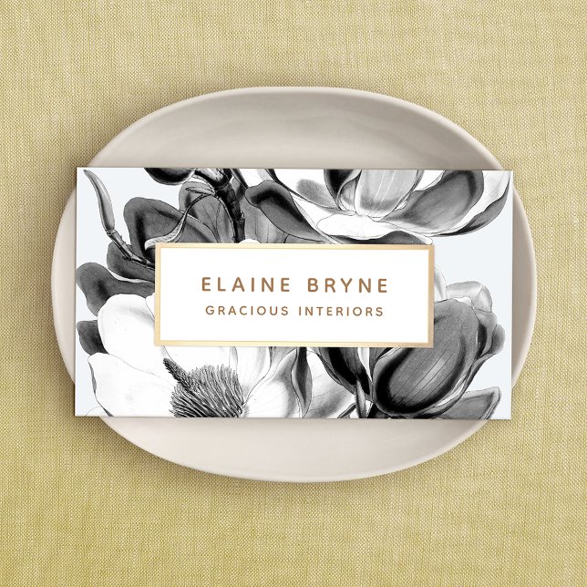 Carte De Visite Botanique de Magnolia noir blanc (Créateur téléchargé)