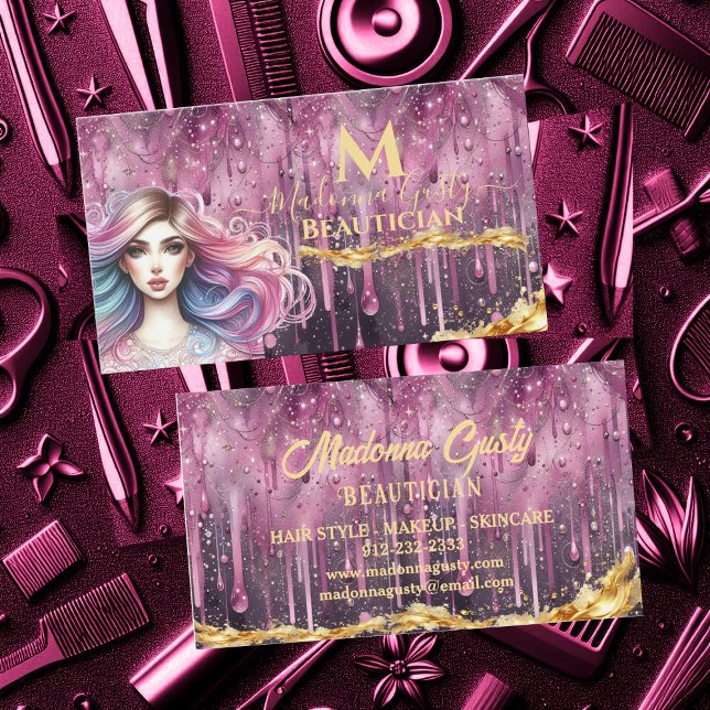 Carte De Visite Bouchon Pastel Magenta Gold Monogramme Beautician (Dripping Pastel Magenta Gold Monogram Beautician Business Card)