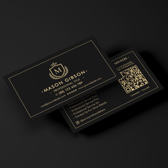 Carte De Visite Bouclier de monogramme élégant professionnel Couro (Elegant Professional Monogram Shield Crown Black Business Card
)