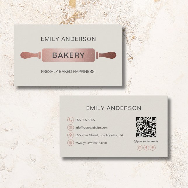 Carte De Visite Boulangerie à rouleaux or rose Code QR (Rose Gold Rolling Pin Bakery QR Code Business Card)