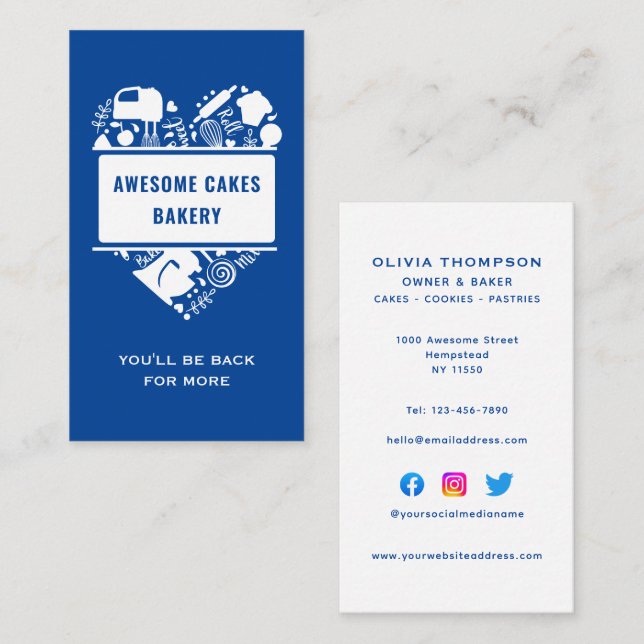 Carte De Visite Boulangerie Bleu Blanc Gâteaux Gâteaux Biscuits Pâ (Devant / Derrière)