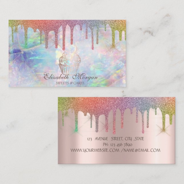Carte De Visite Boulangerie Chic Cupcake Rainbow Drips Opal (Devant / Derrière)