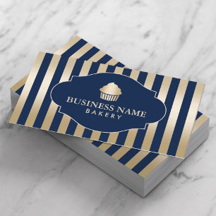 Carte De Visite Boulangerie Cupcake Classic Marine & Gold Stripes 