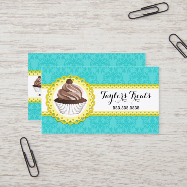 Carte De Visite Boulangerie Cupcake Damask Frontale à échalotes (Devant/Arrière en situation)