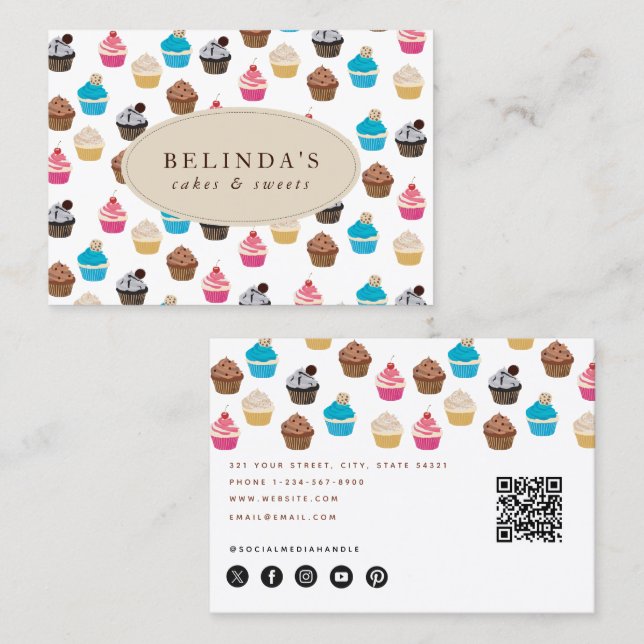 Carte De Visite Boulangerie Cupcakes Sweets Baking QR Code Social  (Devant / Derrière)