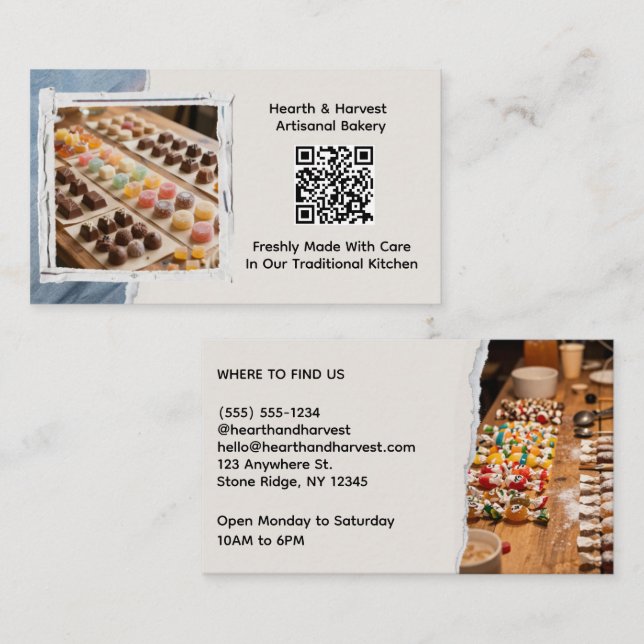 Carte De Visite Boulangerie de bonbons avec image et code QR (Devant / Derrière)