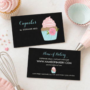 Carte De Visite Boulangerie de Cupcakes Black Aqua Floral
