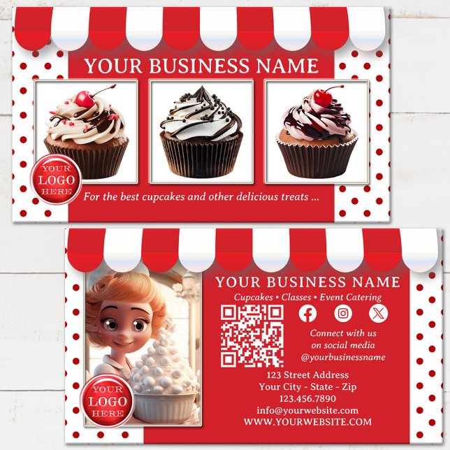 Carte De Visite Boulangerie de Cupcakes ou Glacier (Bakery or ice cream business card featuring your custom images on a fun design in red and white)