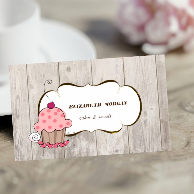 Carte De Visite Boulangerie de Cupcakes Romantique, Texture de Boi (Créateur téléchargé)