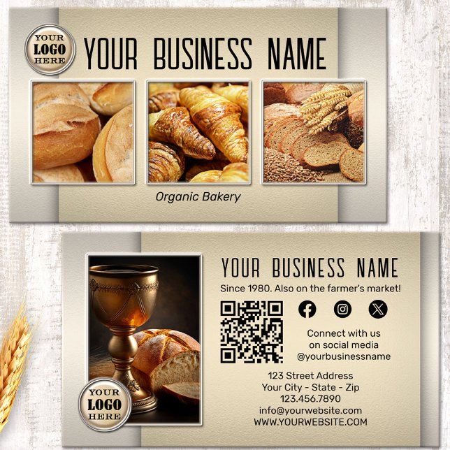 Carte De Visite Boulangerie de pain QR Code Photo Médias sociaux (Bread bakery business card featuring your custom images on a stylish design in light earth colors)