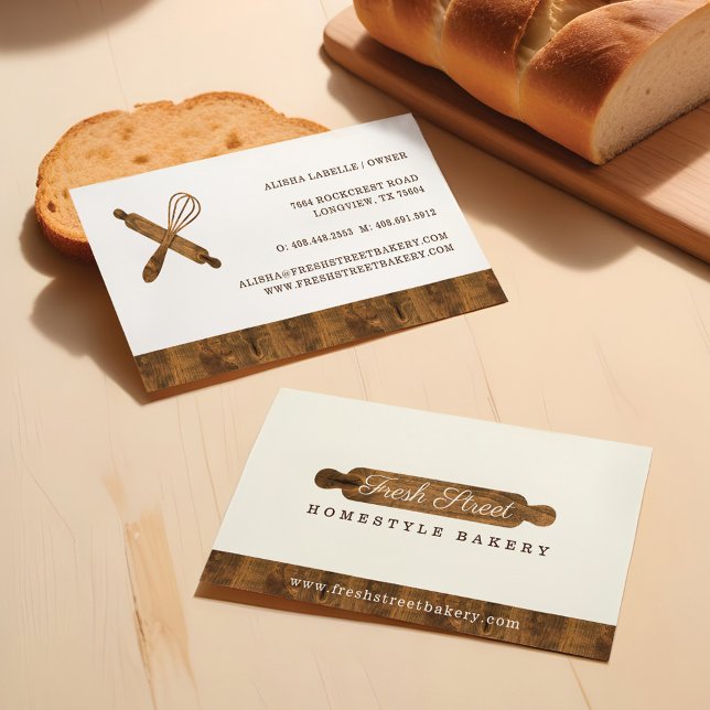 Carte De Visite Boulangerie en bois minimum Logo (Minimal Wooden Rolling Pin Bakery Logo Business Card)