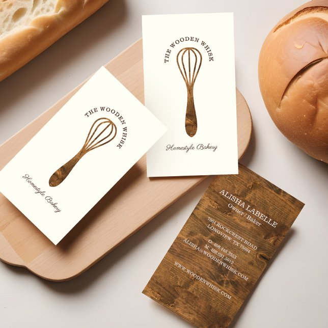 Carte De Visite Boulangerie en bois naturel (Natural Woodgrain Wooden Whisk Bakery Business Card)