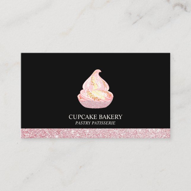 Carte De Visite Boulangerie en or Rose noir Sparkle Cupcake (Devant)