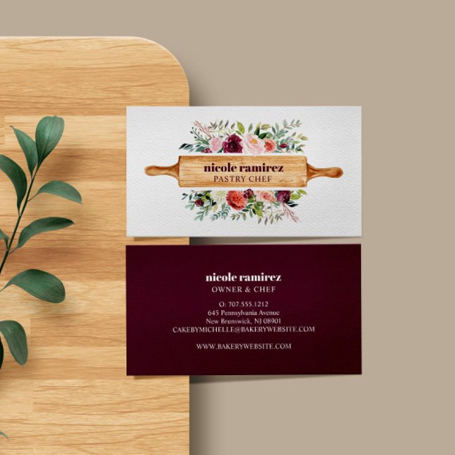 Carte De Visite Boulangerie Florale Bourgogne Rolling Pin Pâtisser (FLORAL WATERCOLOR BUSINESS CARD FOR BAKERY OR PASTRY SHOP WITH ROLLING PIN)
