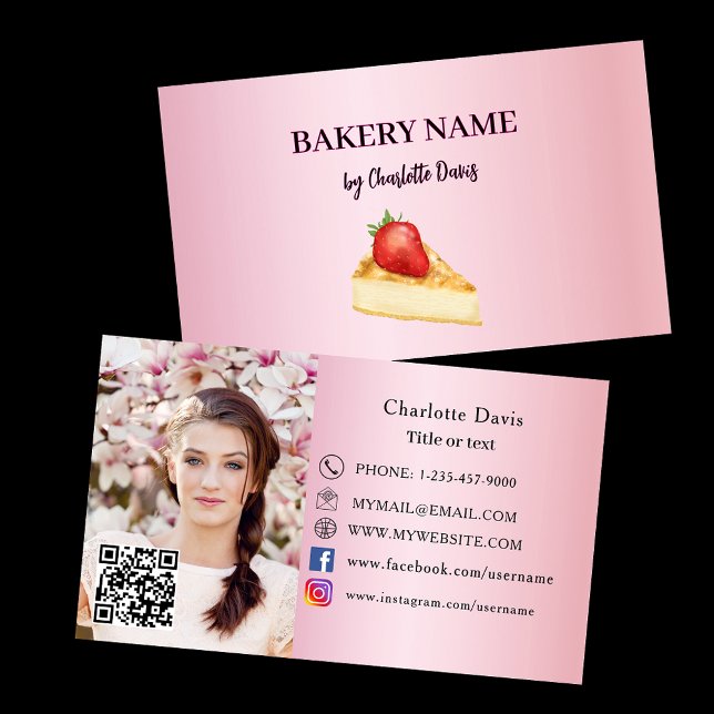 Carte De Visite Boulangerie gâteau rose pâtisserie QR code photo (Créateur téléchargé)