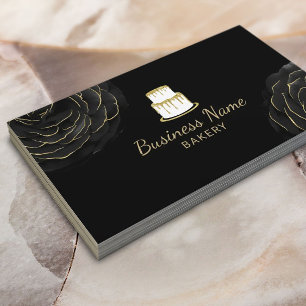 Carte De Visite Boulangerie Gold Cake Logo Élégant Black Floral Ch
