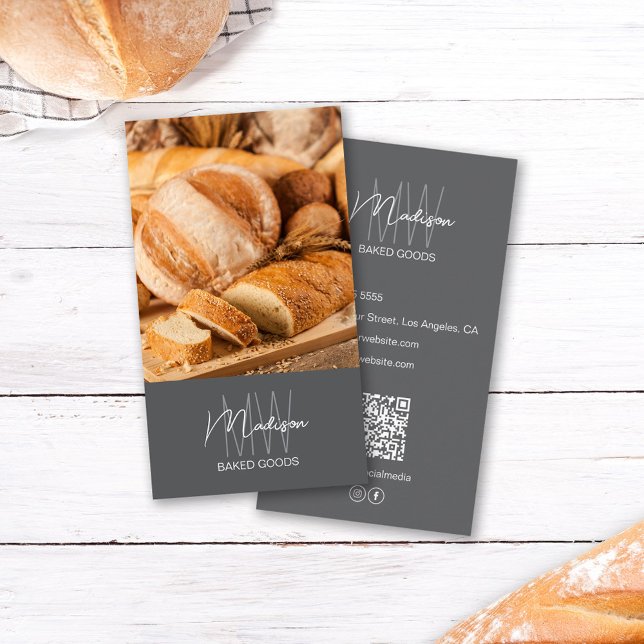 Carte De Visite Boulangerie Logo Monogramme Photo QR Grey (Bakery Monogram Logo Photo QR Gray Business Card)