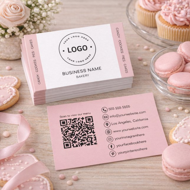 Carte De Visite Boulangerie Logo personnalisé QR Code rose pâle (Bakery Custom Logo QR Code Blush Pink Business Card)