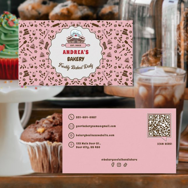 Carte De Visite Boulangerie Logo & QR Code Cute Pastel Rose Person (Créateur téléchargé)
