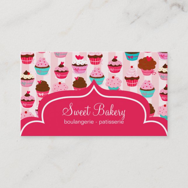 Carte De Visite Boulangerie moderne de cupcakes roses (Devant)