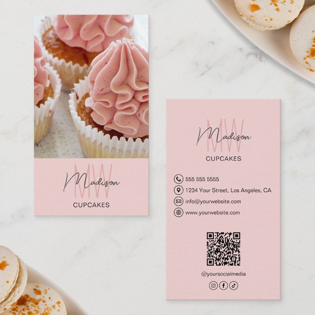 Carte De Visite Boulangerie Monogramme Photo QR Rose (Bakery Monogram Logo Photo QR Pink Business Card)