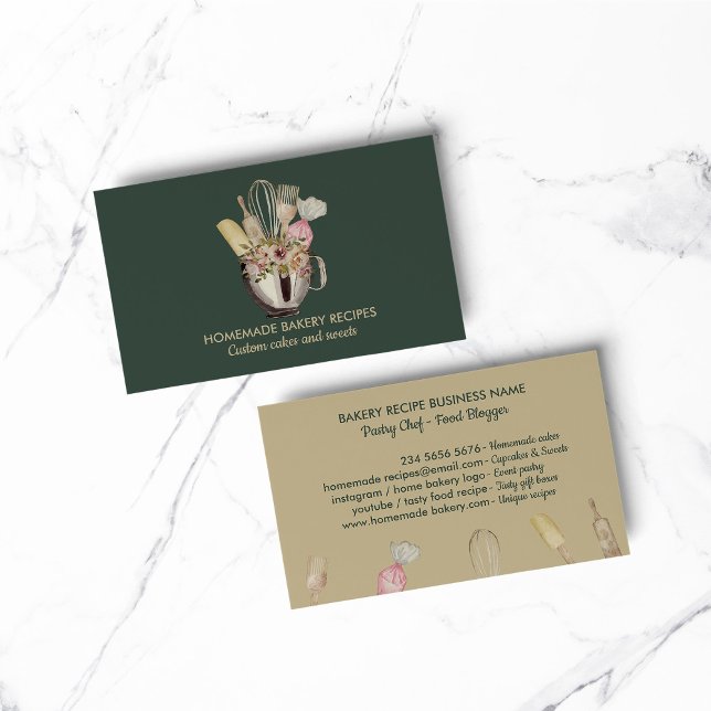 Carte De Visite Boulangerie outils à main sauge or vert (Bakery pastry hand tools sage green gold business card)