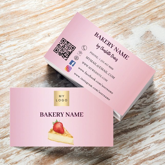 Carte De Visite Boulangerie pâte à gâteau rose QR code logo (Créateur téléchargé)