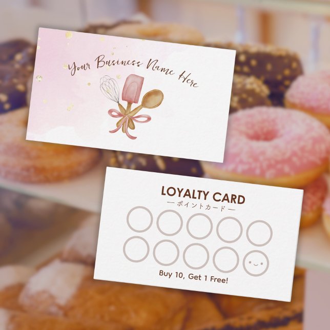 Carte De Visite Boulangerie Pâtisserie Chef Ustensile Cute Rose Lo (A loyalty card for pastry chefs and bakeries, with cute pink baking utensil design)