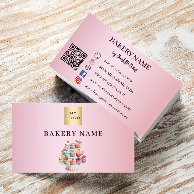 Carte De Visite Boulangerie pâtisseries rose pastels code QR logo (Créateur téléchargé)