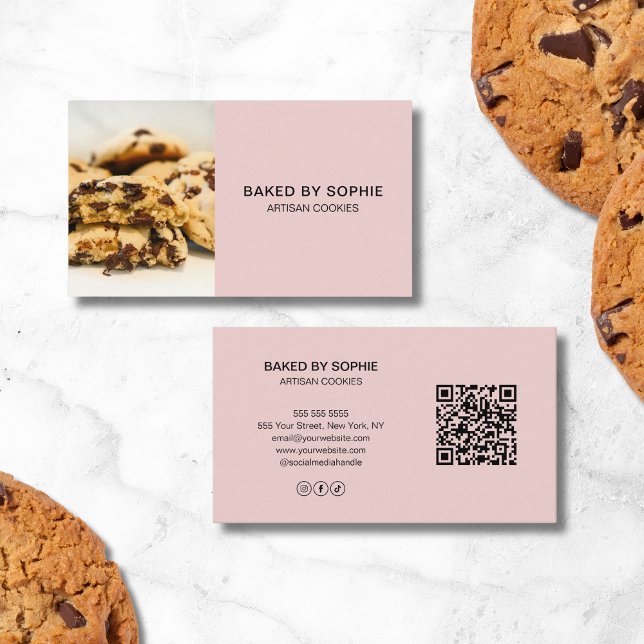 Carte De Visite Boulangerie Photo personnalisée QR Code rose (Bakery Custom Photo QR Code Pink Business Card)
