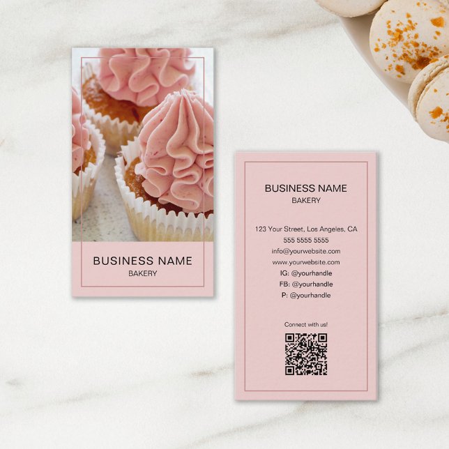 Carte De Visite Boulangerie Photo personnalisée QR Code rose (Bakery Custom Photo QR Code Pink Business Card)