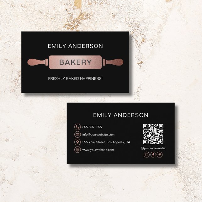 Carte De Visite Boulangerie rose à rouleaux noir or Code QR (Rose Gold Black Rolling Pin Bakery QR Code Business Card)