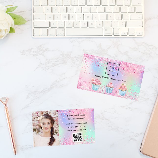 Carte De Visite Boulangerie rose pâle violet photo code QR logo (Créateur téléchargé)