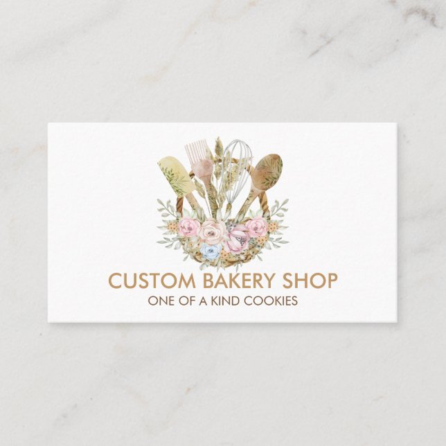 Carte De Visite Boulangerie rustique fleur cuisine boho marron (Devant)