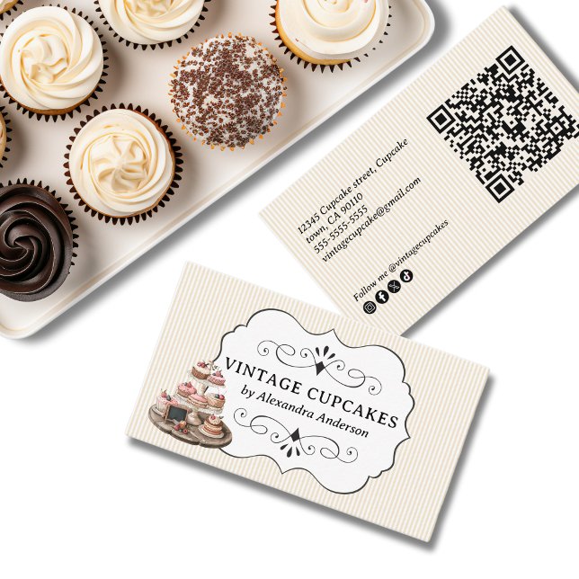 Carte De Visite Boulangerie vintage Cupcake Élégante (Vintage Cupcake Bakery Elegant Business Card)