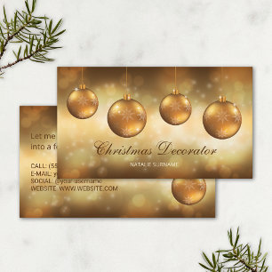 Carte De Visite Boules de Noël jaune doré sur bokeh jaune