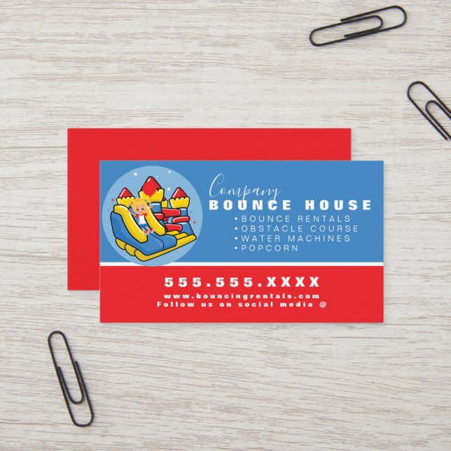 Carte De Visite Bounce House Logo de la fête Location Rouge Bleu (Devant/Arrière en situation)