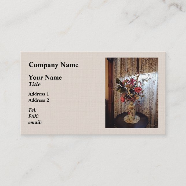 Carte De Visite Bouquet avec des roses devant un rideau de dentell (Devant)