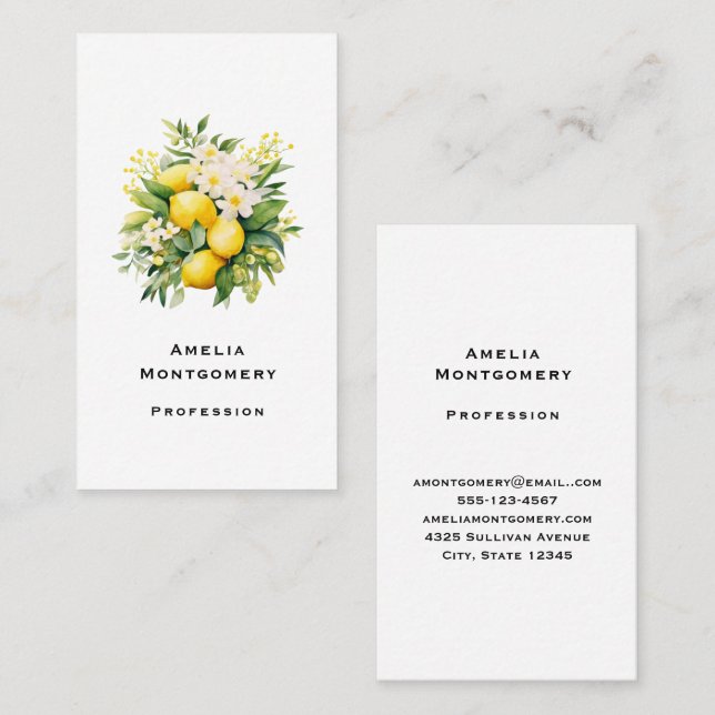 Carte De Visite Bouquet de citrons aux fleurs blanches (Devant / Derrière)