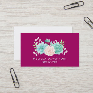 Carte De Visite Bouquet de fleurs rose et vert Pastel sur Magenta 