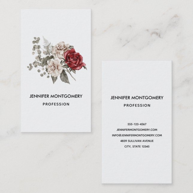 Carte De Visite Bouquet de fleurs rouge gris et crème Boho (Devant / Derrière)