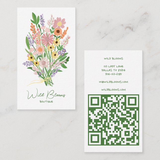 Carte De Visite Bouquet fleur sauvage Rustique artisanal Floral QR (Devant / Derrière)