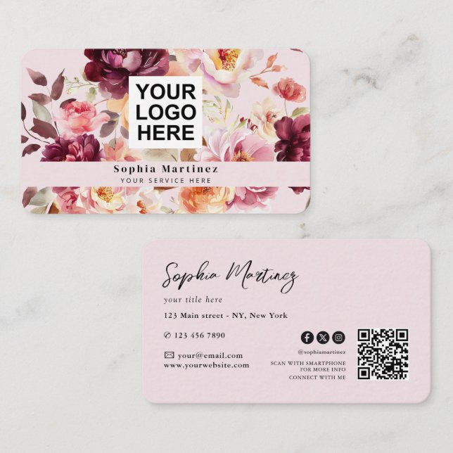 Carte De Visite Bouquet Floral à l'aquarelle Burgundy & Logo Code  (Devant / Derrière)