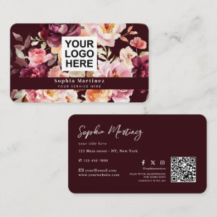 Carte De Visite Bouquet floral aquarelle bordeaux & logo QR Code