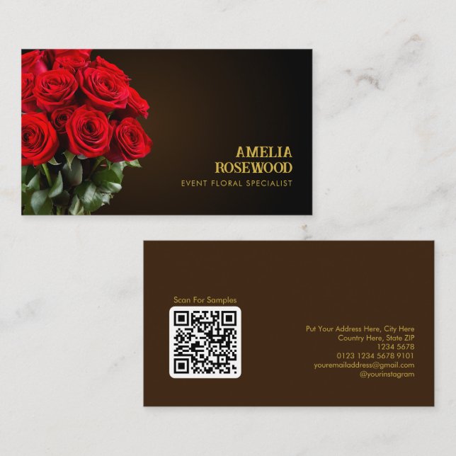 Carte De Visite Bouquet Roses rouges sur Classy Dark Brown QR Code (Devant / Derrière)