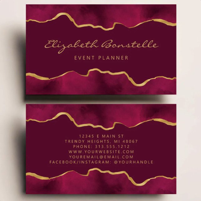 Carte De Visite Bourgogne Aquarelle Luxe Feuille D'or (Créateur téléchargé)
