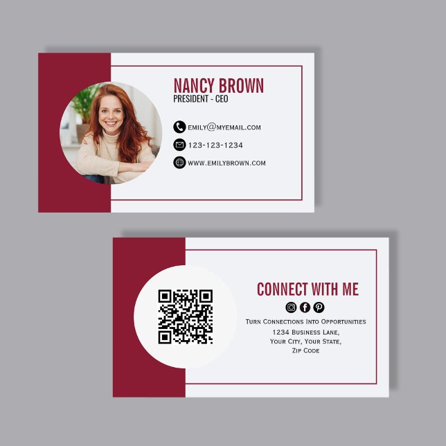 Carte De Visite Bourgogne Code QR Photo Connectez-vous avec moi (Modern QR code business card with photo and bold red accents, perfect for stylish networking. )