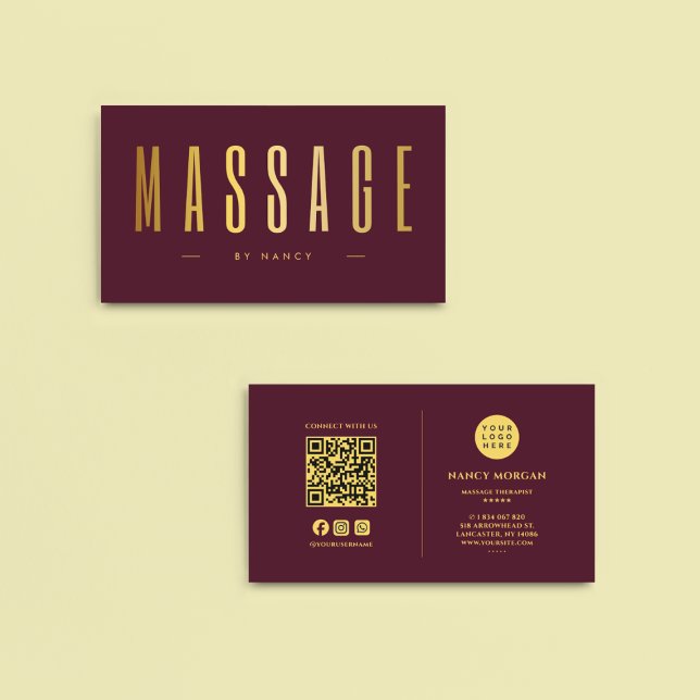 Carte De Visite Bourgogne & Thérapeute de Massage d'Or QR Code Log (Créateur téléchargé)