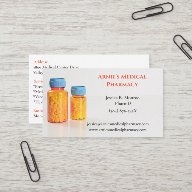 Carte De Visite Bouteilles Orange Blanc RX Pharmacy Pills (Devant/Arrière en situation)