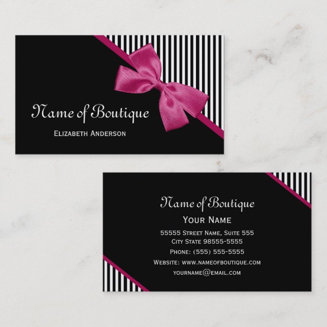 Carte De Visite Boutique à Rayure et Nœud Rose (Devant / Derrière)